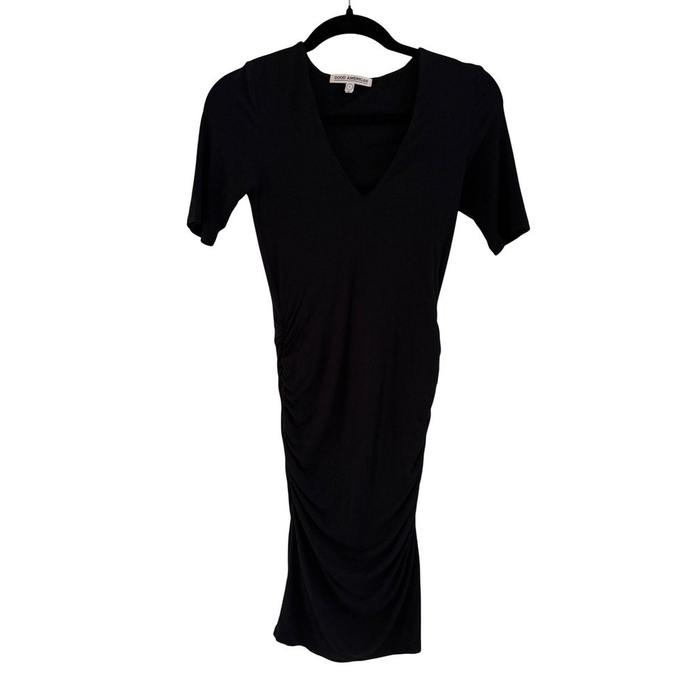 Good American Black Ruched V-Neck Short Sleeve Midi Dress Size 1/Small